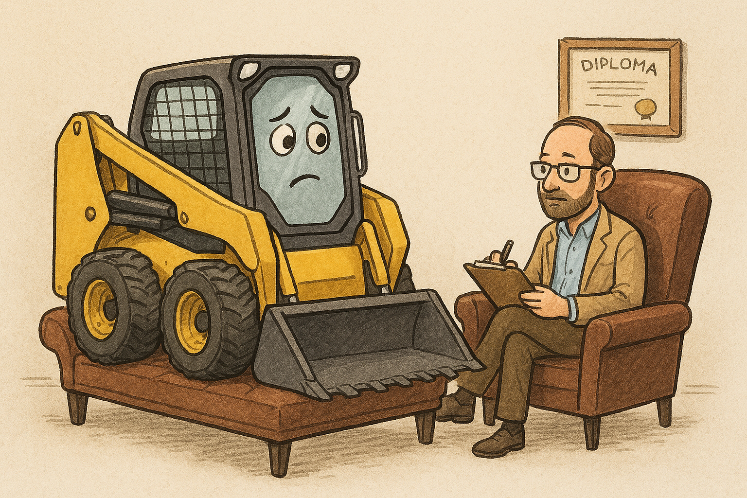 Illustration of a sad cartoon skid steer on a couch talking to a therapist writing notes
