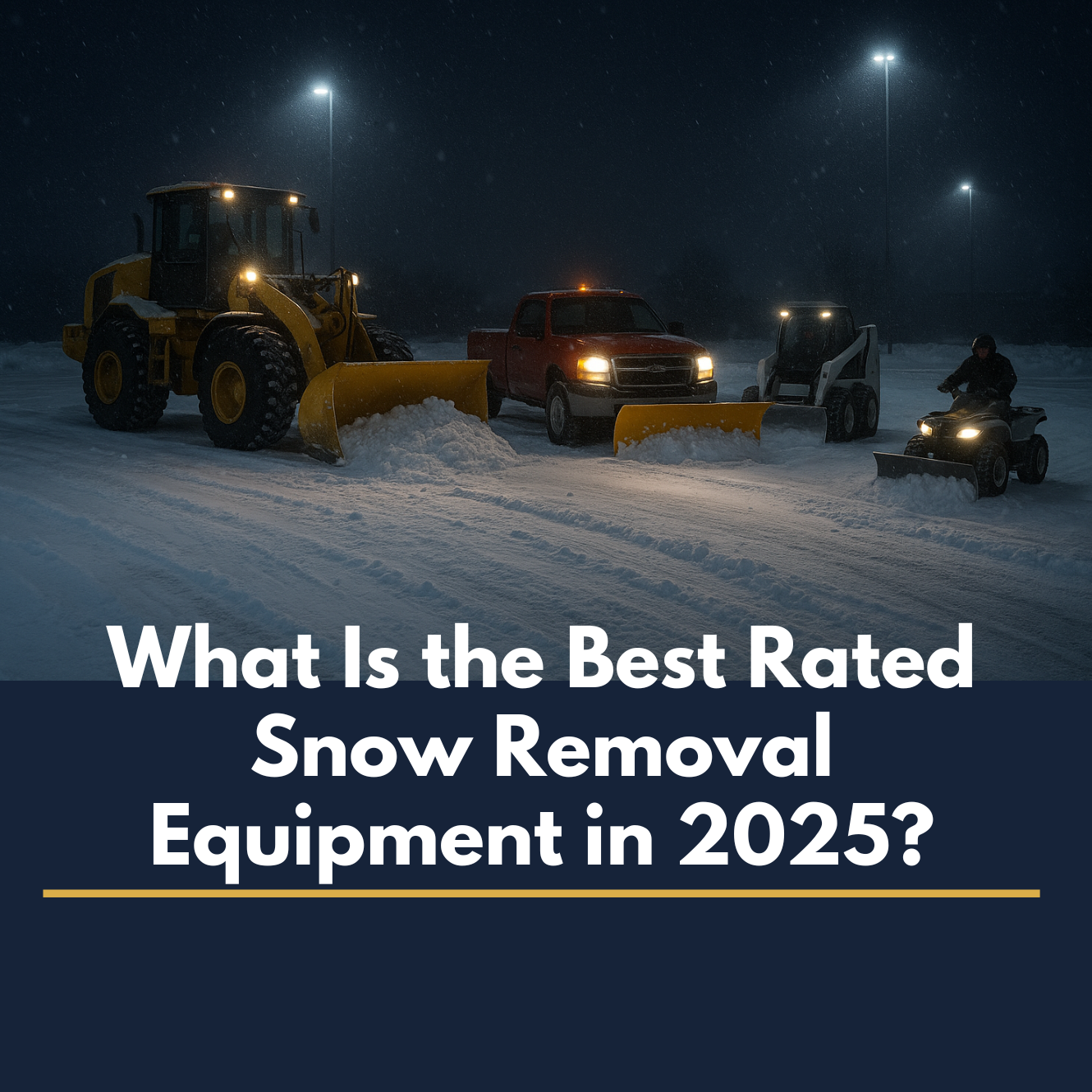 Various equipment parked in the snow at dusk with the text "What is the Best Rated Snow Removal Equipment in 2025?"