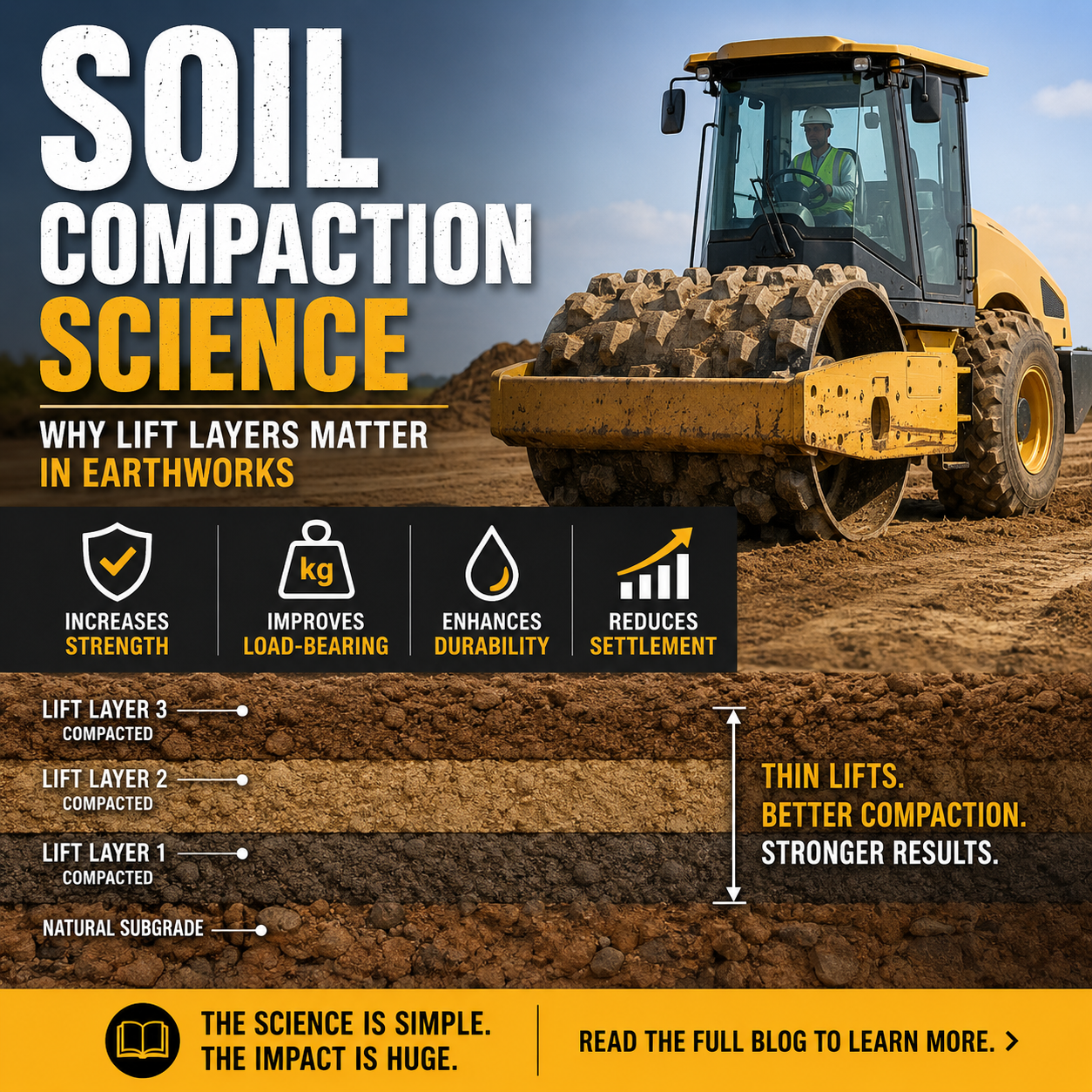 Soil compactor and layered soil graphic with text "Soil compaction science: Why lift layers matter in earthworks"