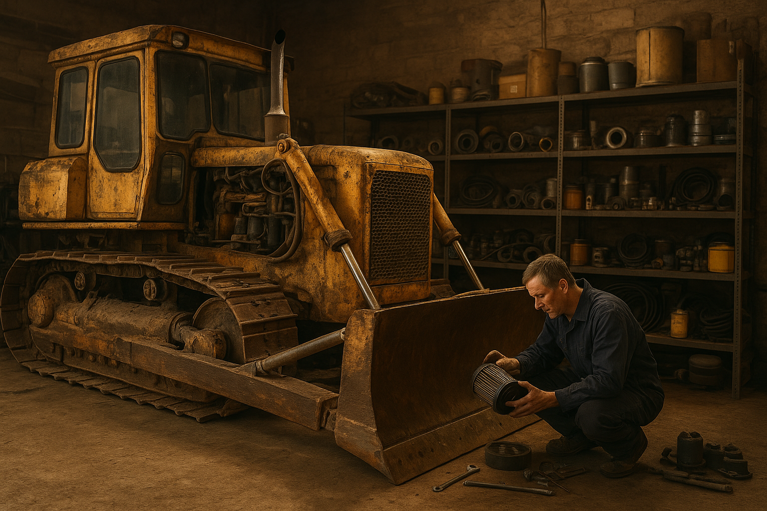 Man in coveralls inspecting parts near an older looking dozer with shelves filled with parts in the background.