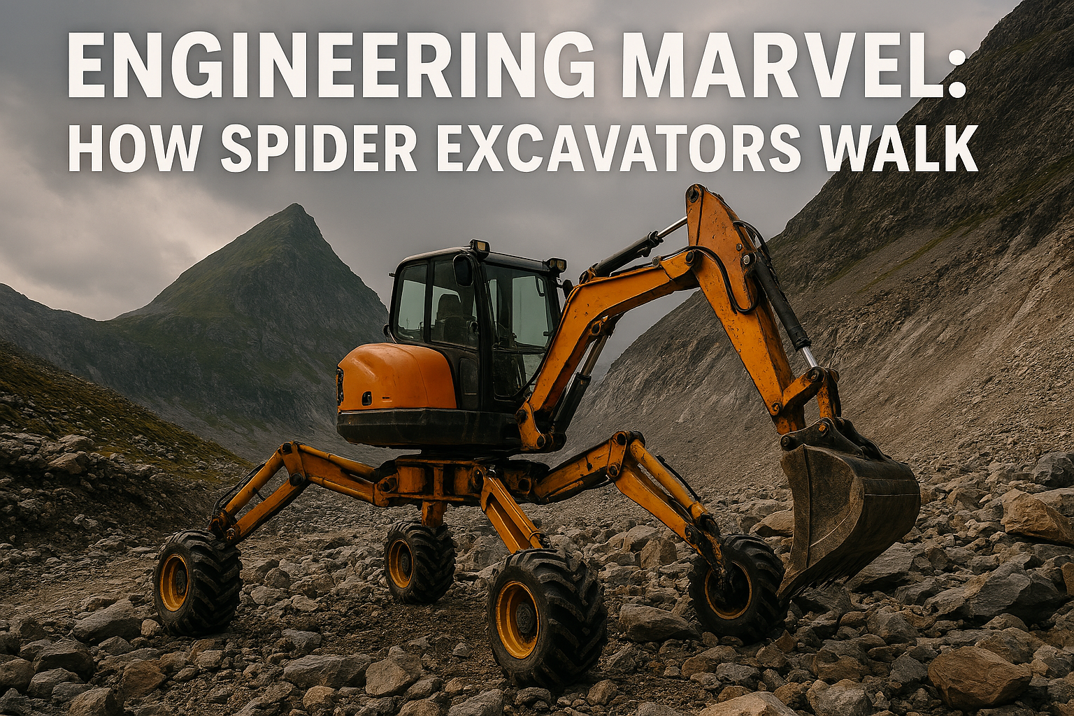 A spider excavator in a rough terrain setting with text that says, "Engineering Marvel: How Spider Excavators Walk."