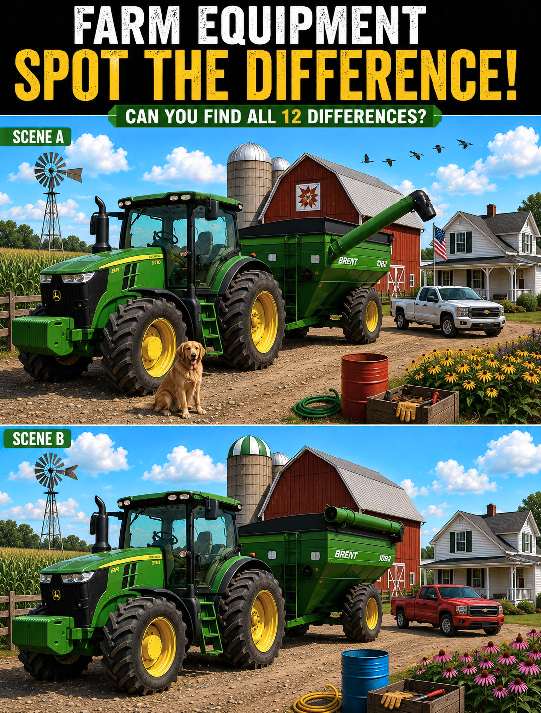 Farm equipment game featuring two similar scenes with text "Farm Equipment Spot The Difference!"