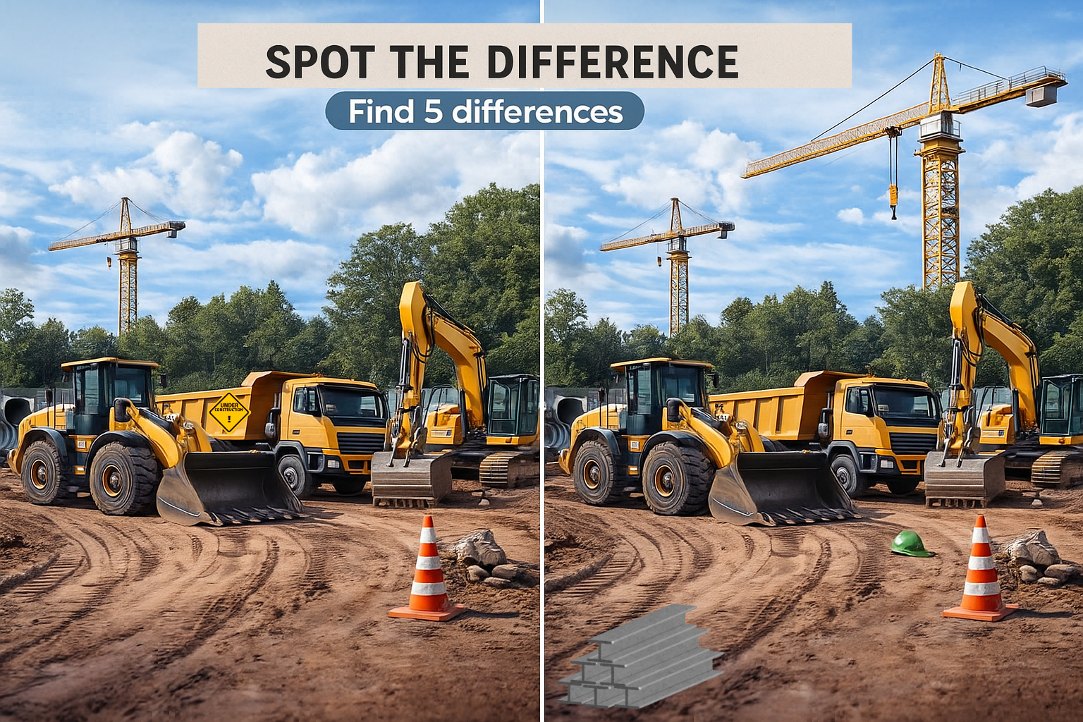 Side-by-side images showing heavy machinery at a construction site and the text "Spot The Difference Find 5 Differences."