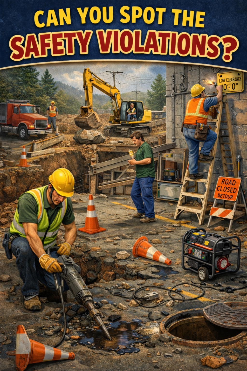 Construction site illustration showing workers, equipment and safety hazards with text "Can You Spot the Safety Violations?"