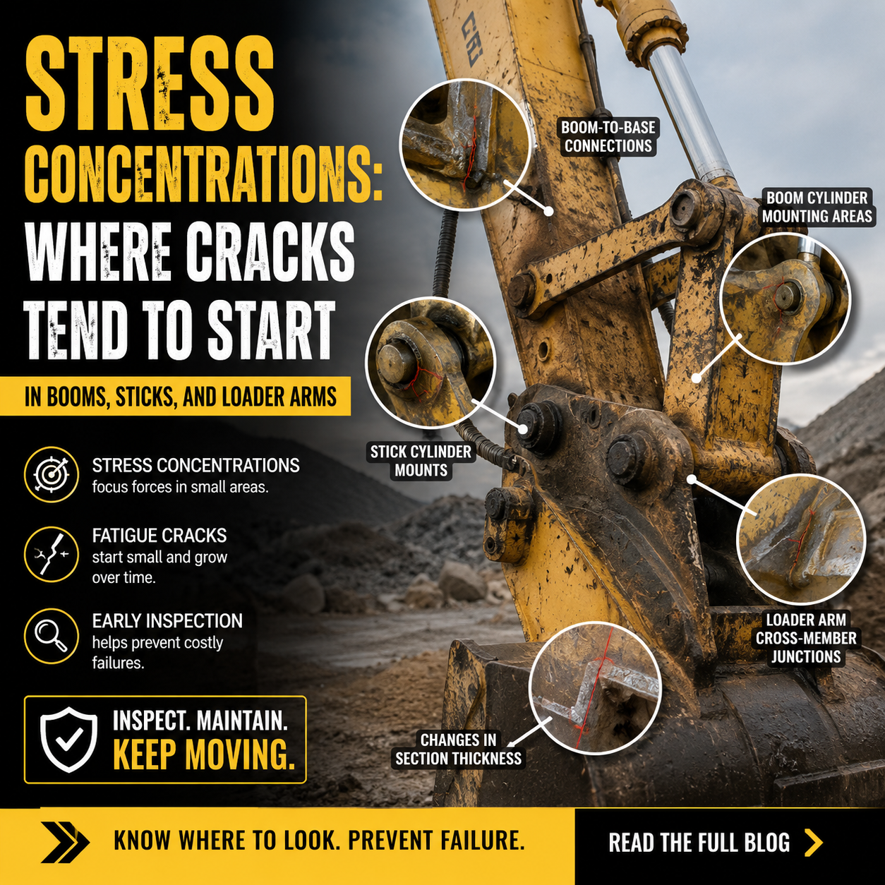 Excavator boom inspection graphic showing crack-prone areas with text "Stress concentrations: where cracks tend to start"