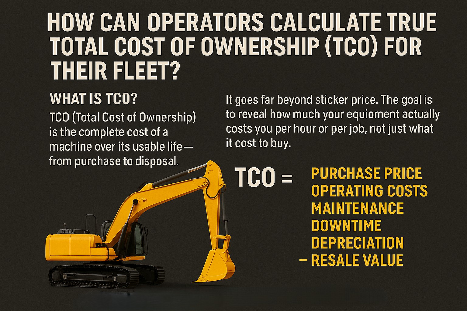 Illustration of an excavator with the text "How Can Operators Calculate True Total Cost Of Ownership (TCO) For Their Fleet?"