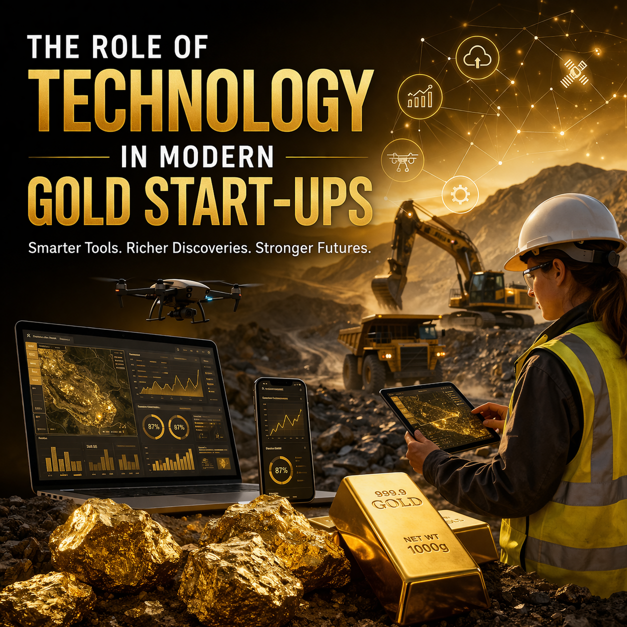 Worker analyzing mining data on tablet with equipment and drone, with text "The Role of Technology in Modern Gold Start-Ups."