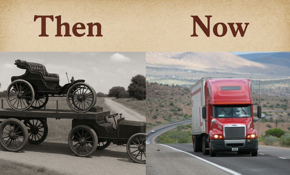 Side-by-side image showing an early black and white semi-truck labeled 'Then' and a modern red semi-truck labeled 'Now'.