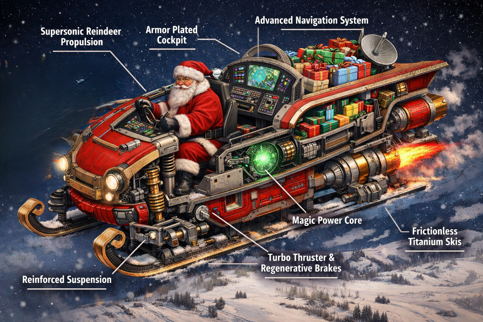 Santa flying a high-tech sleigh with labels to various parts like Advanced Navigation System, Magic Power Core Etc..