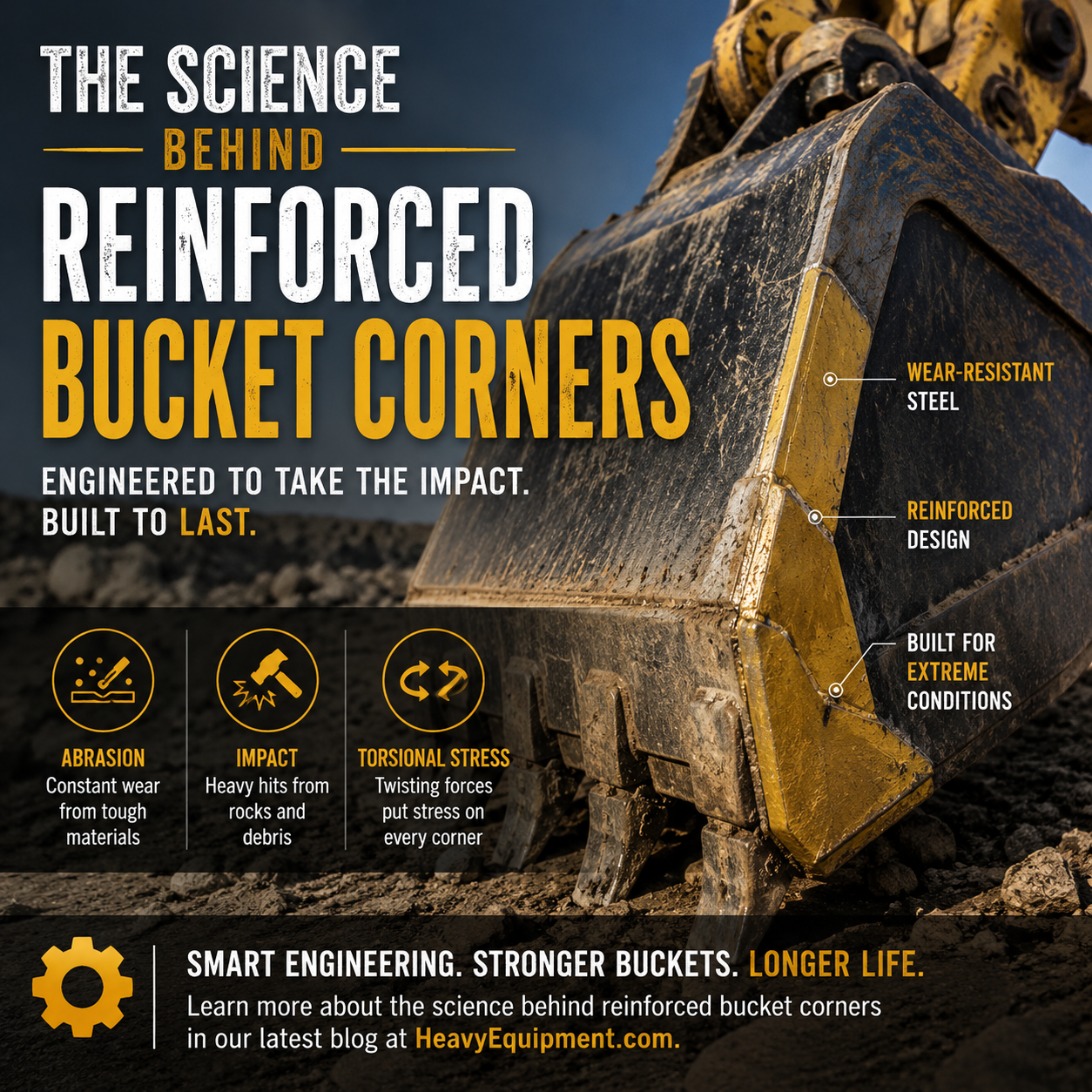 Close-up of an excavator bucket with reinforced corners and text "The science behind reinforced bucket corners"