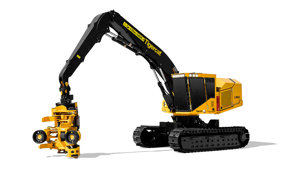 Left side view of a Tigercat LH857 harvester parked against a white background.