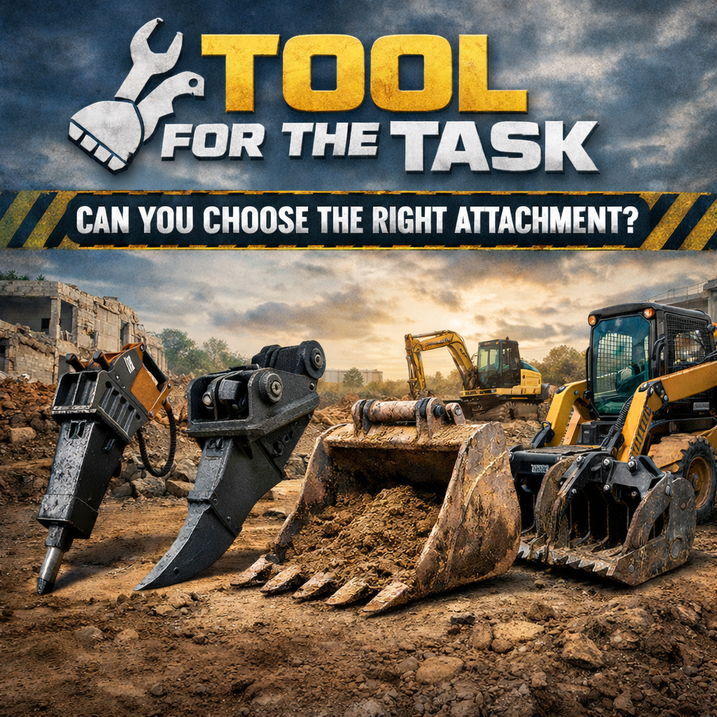 Heavy equipment attachments displayed on a demolition site with text "Tool for the Task."