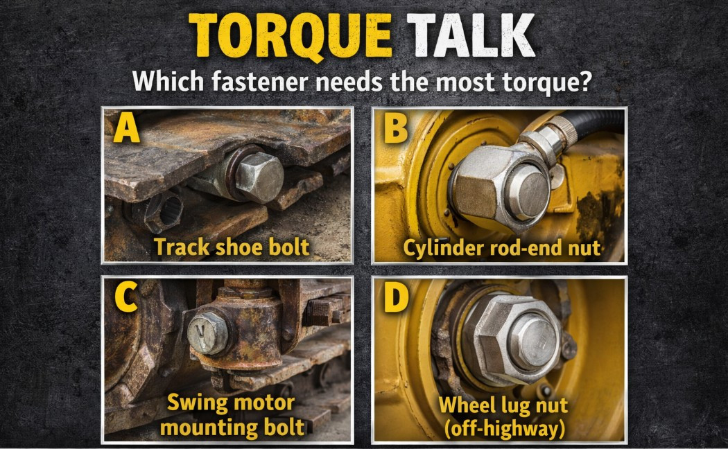 Graphic showing various fasteners labeled from A to D and the text "Torque Talk: Which fastener needs the most torque?"