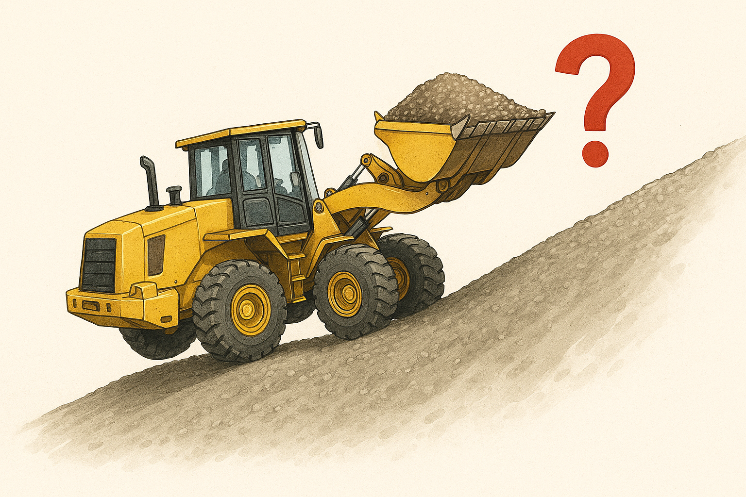Illustration of wheel loader climbing a steep gravel hill with full bucket and question mark overhead.