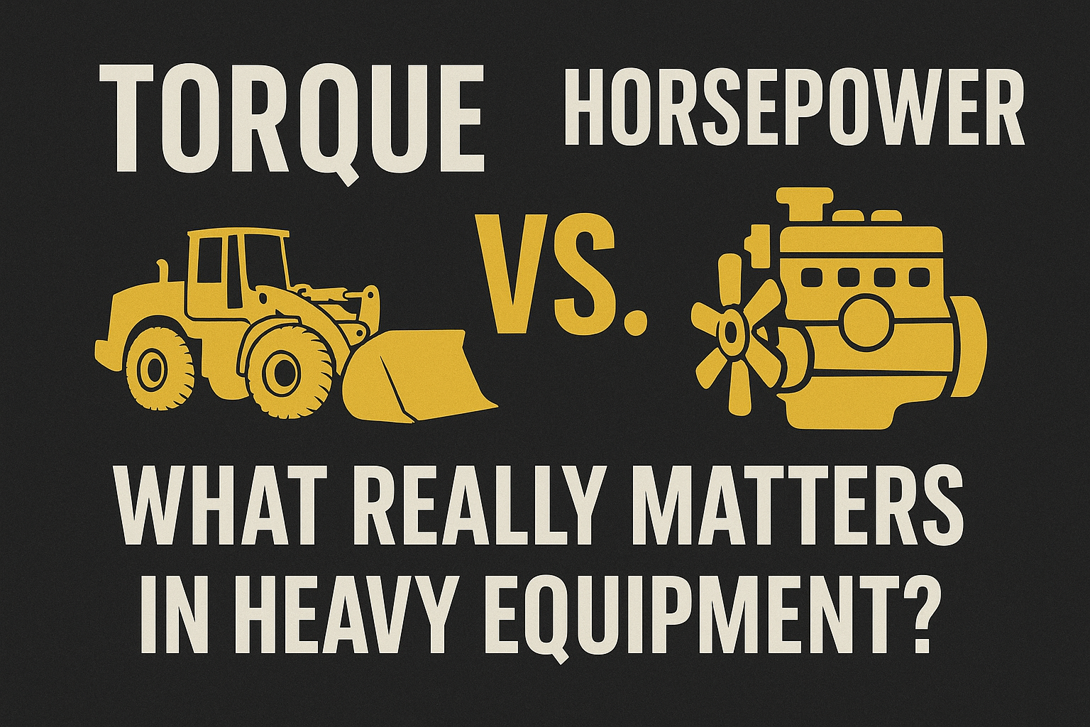 Graphic featuring yellow loader and engine icons with text "Torque vs. Horsepower - What Really Matters in Heavy Equipment?"