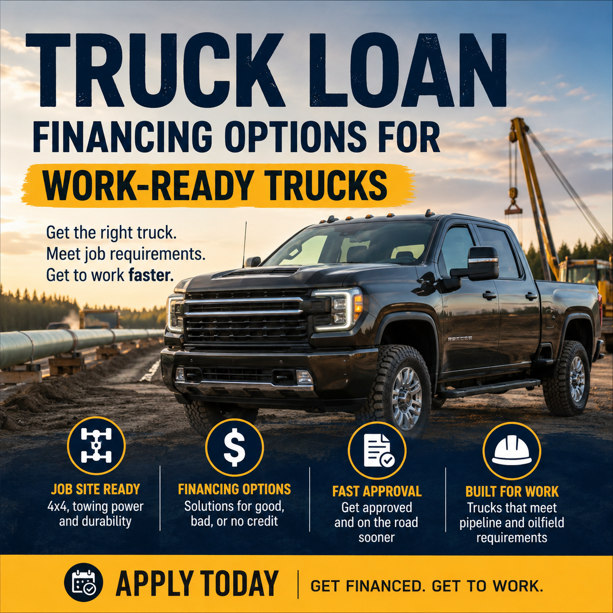 Black pickup truck parked at a pipeline jobsite with text "Truck loan financing options for work-ready trucks"