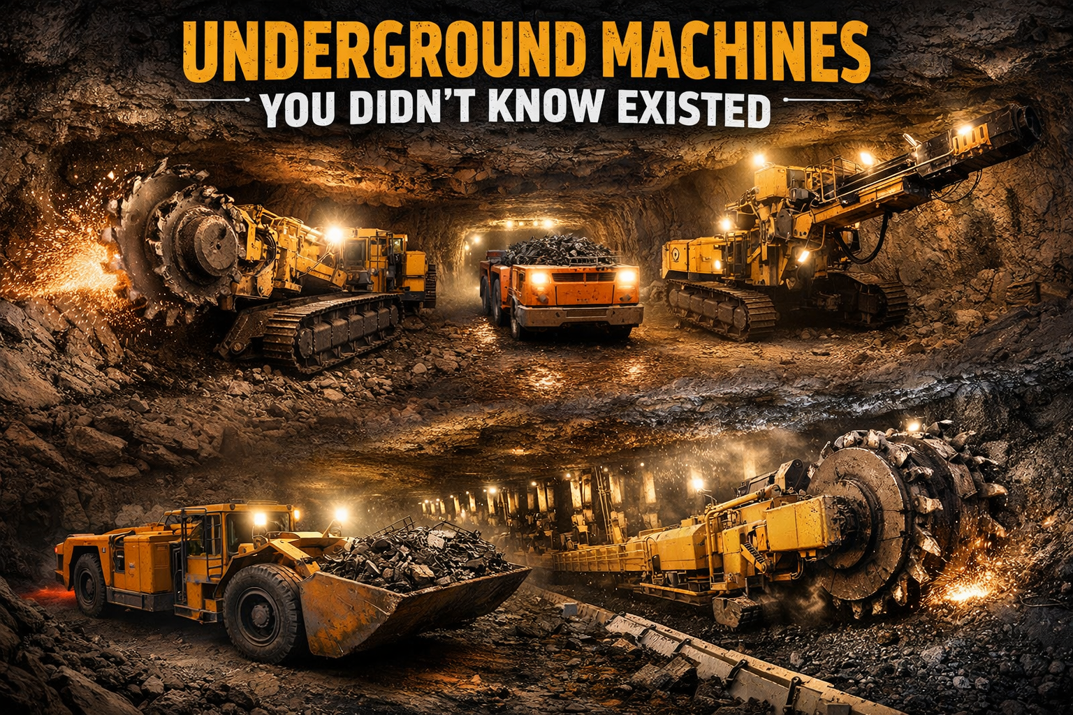 Mining vehicles and tunnel boring machines operating in a dim mine with text "Underground machines you didn't know existed."