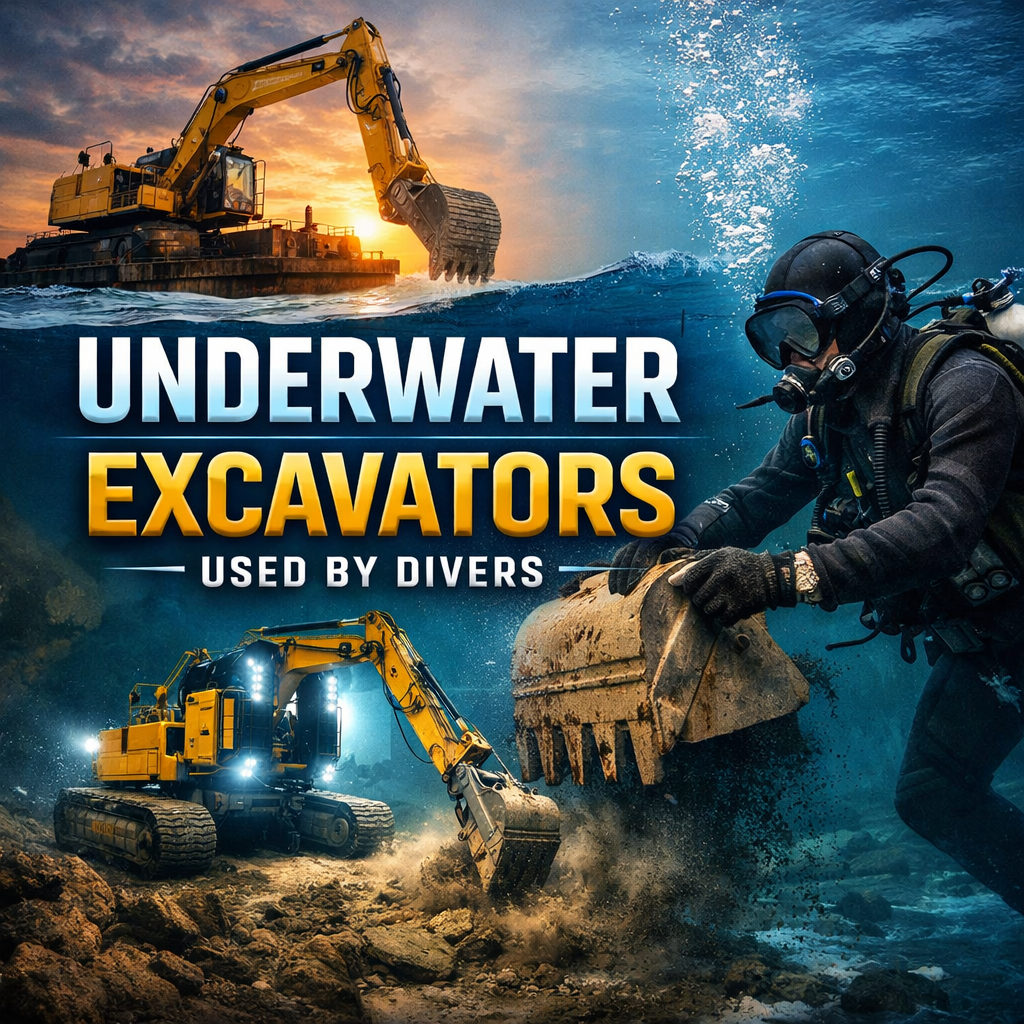 Split scene of excavators above and underwater with diver guiding bucket and text "Underwater Excavators Used By Divers"