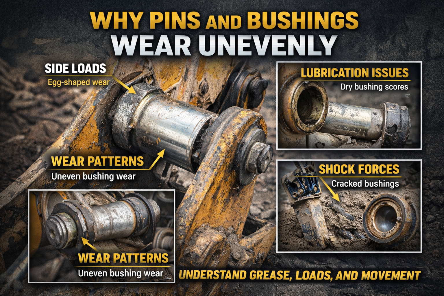 Close-up of various worn construction pins with labeled causes and the text "Why pins and bushings wear unevenly."