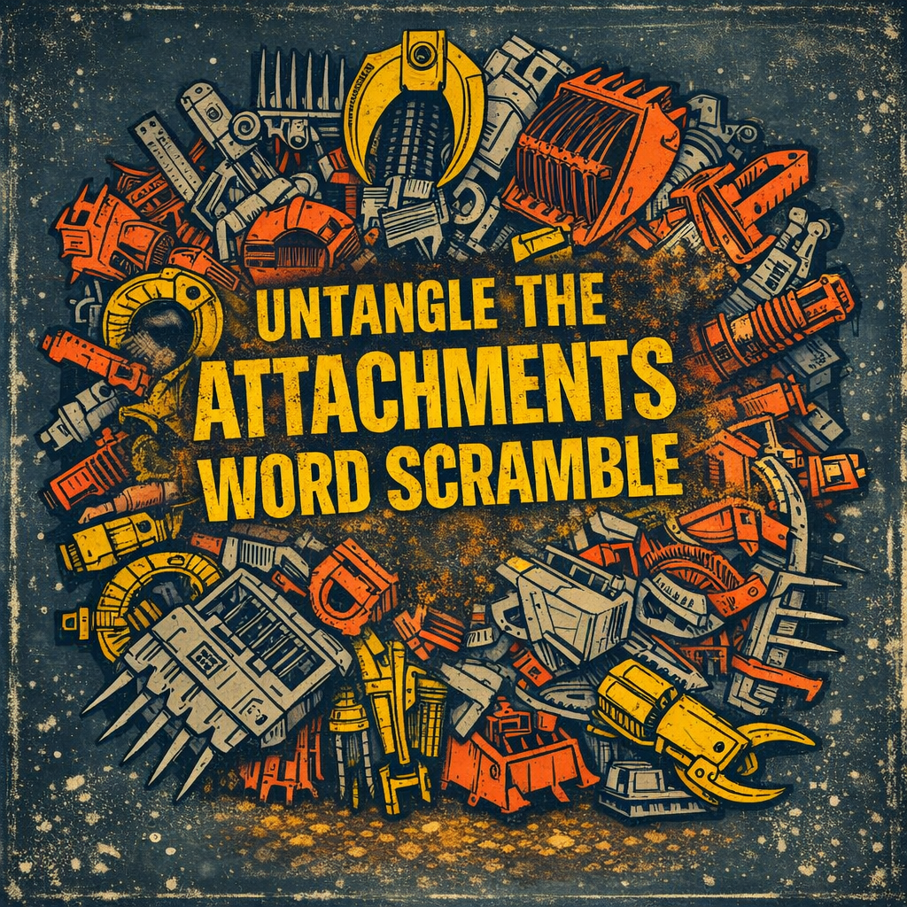 Colorful graphic of various heavy equipment attachments arranged around bold text "Untangle the attachments word scramble."