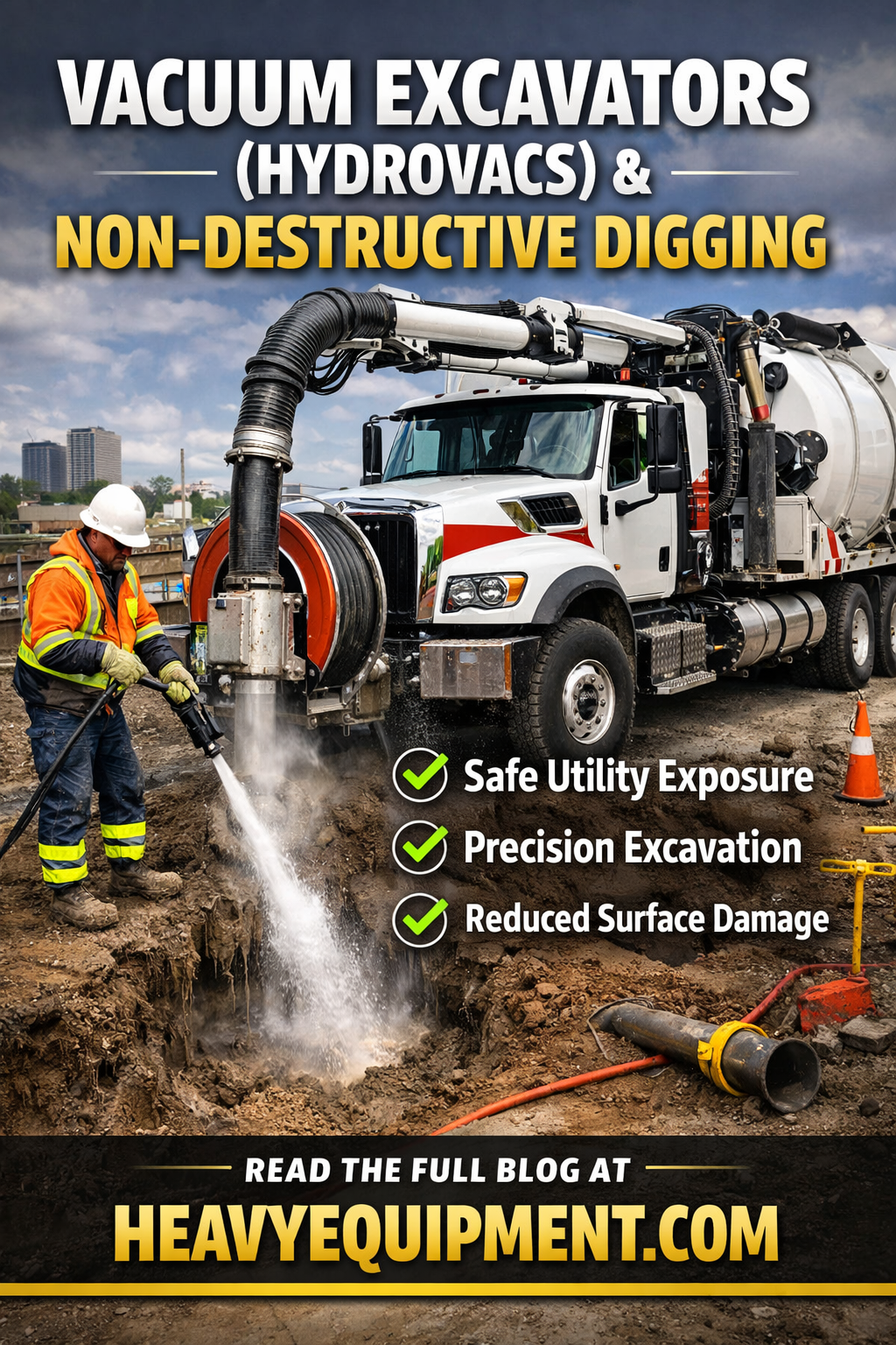 Worker using hydrovac truck at jobsite, with text "Vacuum Excavators (Hydrovacs) & Non-Destructive Digging."