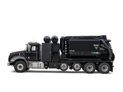 Vermeer VXT500 vacuum truck with boom and hose system, shown from the side against a white background.