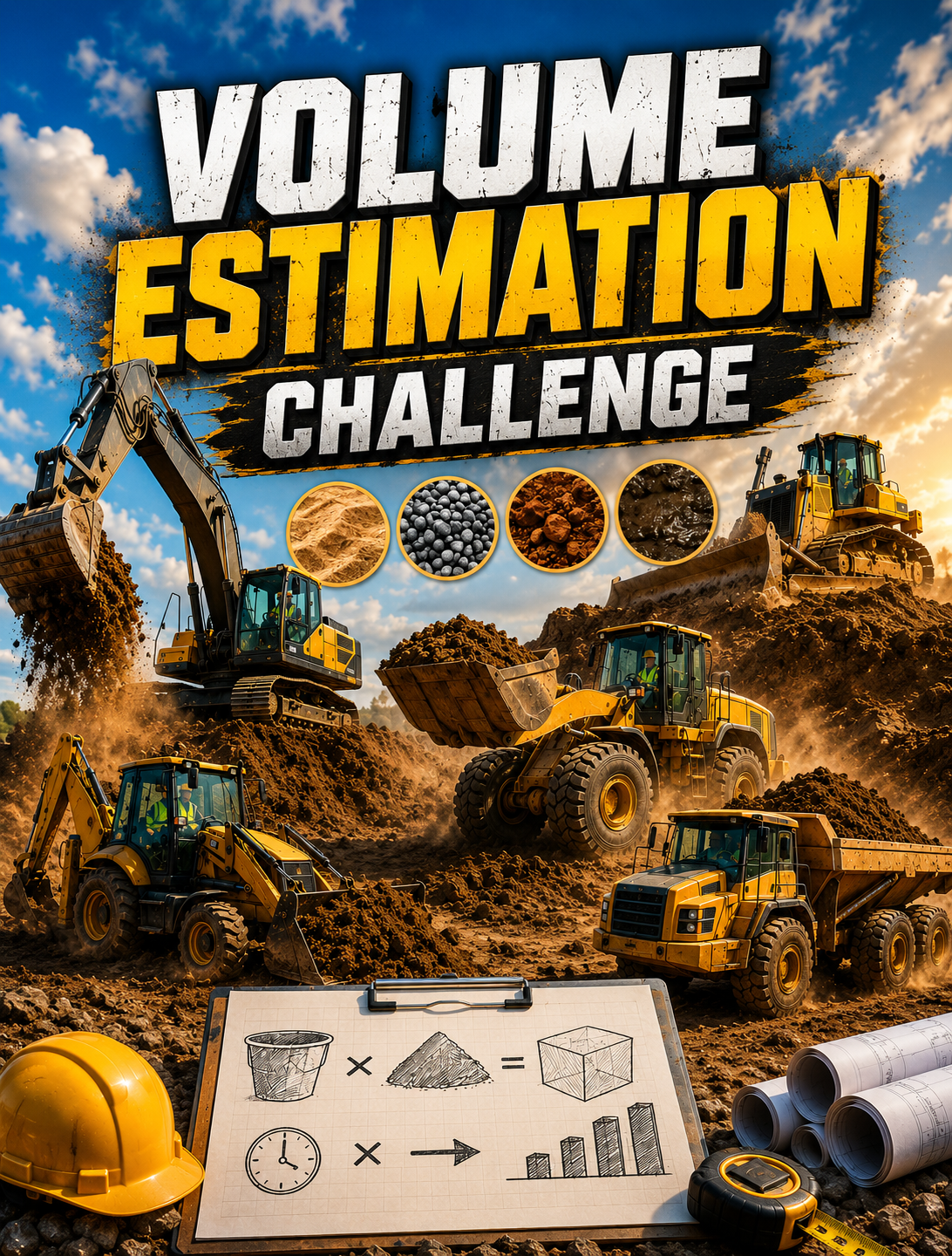 Heavy Equipment moving soil with productivity and volume graphics and text "Volume Estimation Challenge"