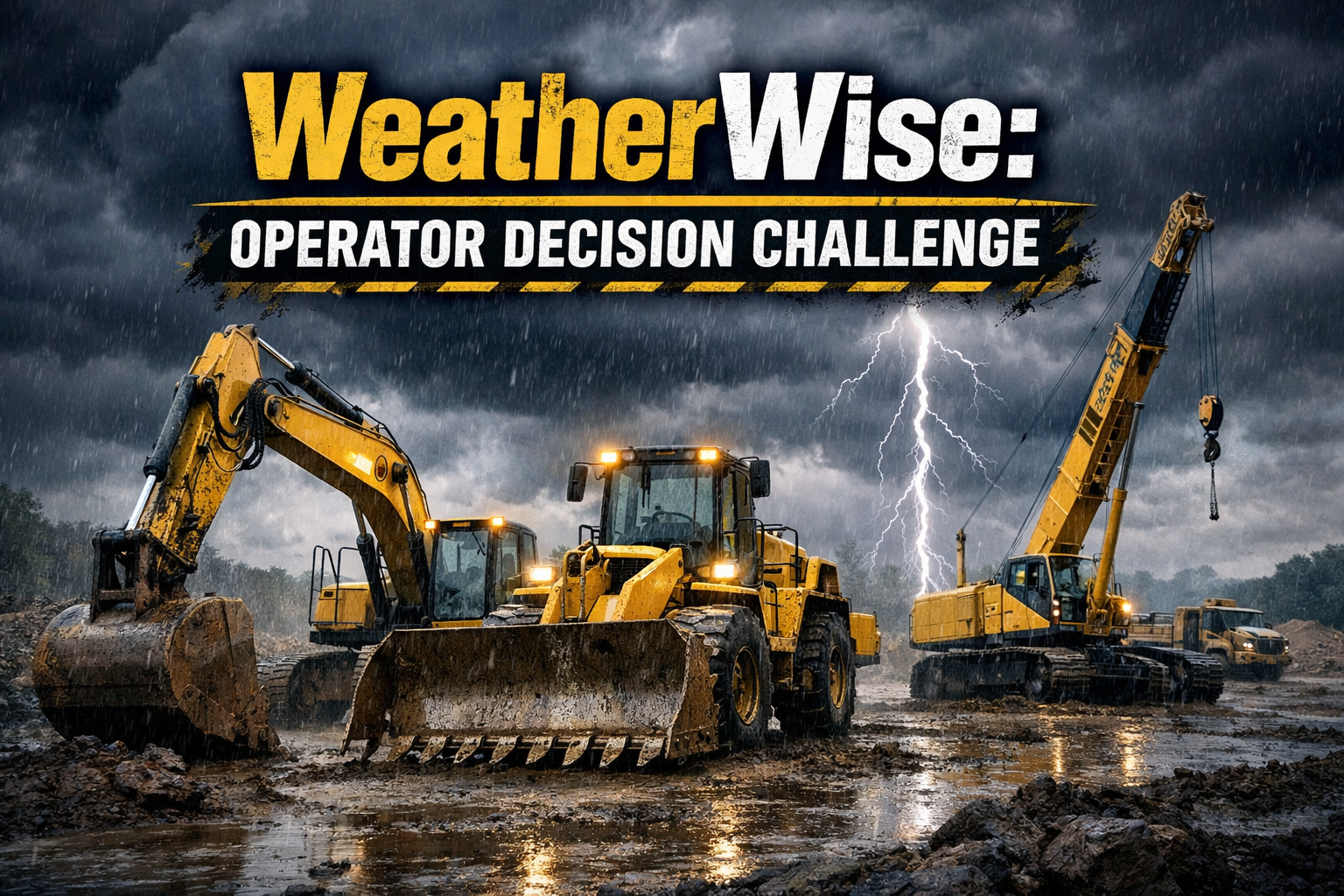 Heavy Equipment on a rain soaked site with dark clouds and lightning with text "Weather Wise: Operator Decision Challenge."