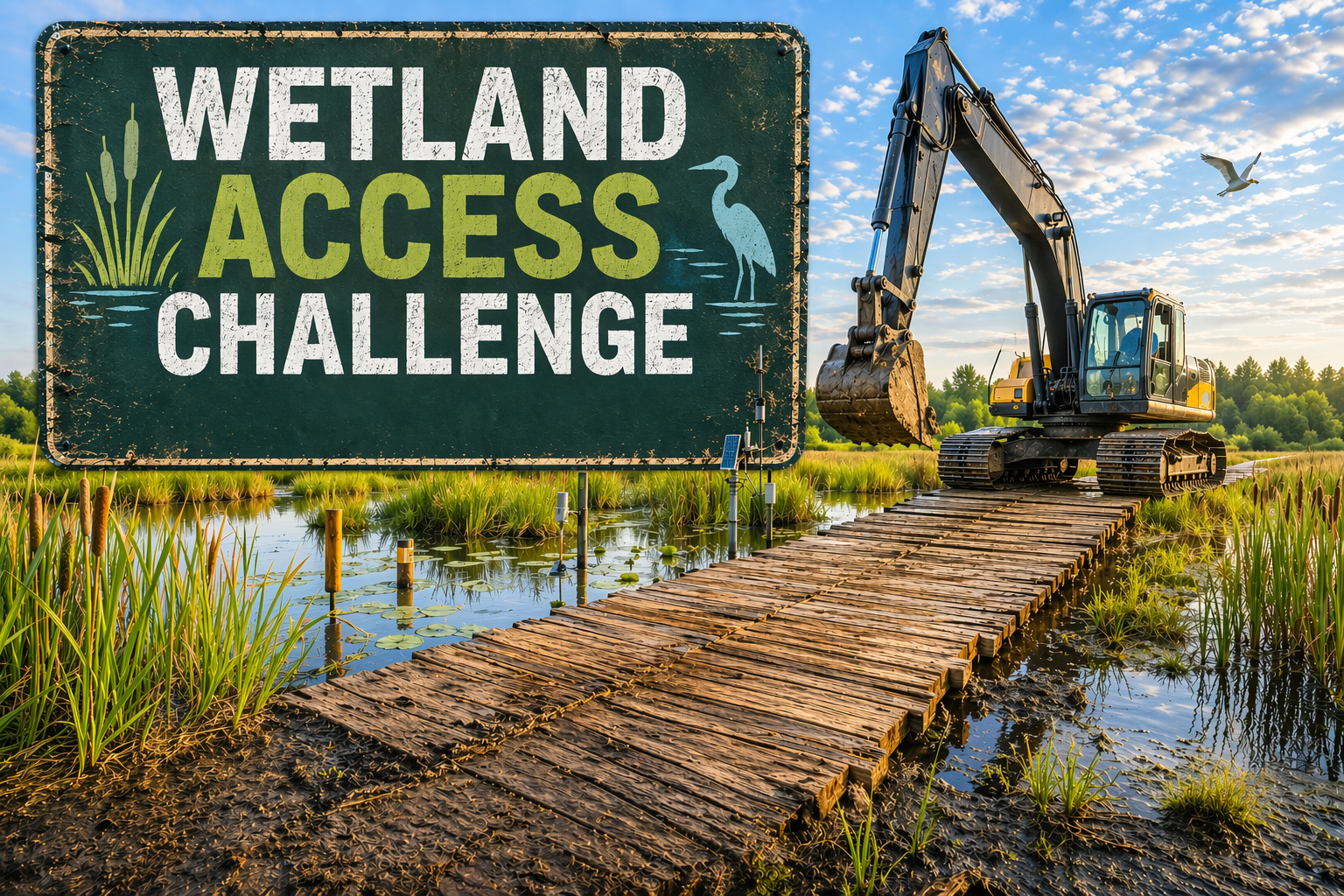 Wetland jobsite with excavator on mat path and sign with text "Wetland Access Challenge."
