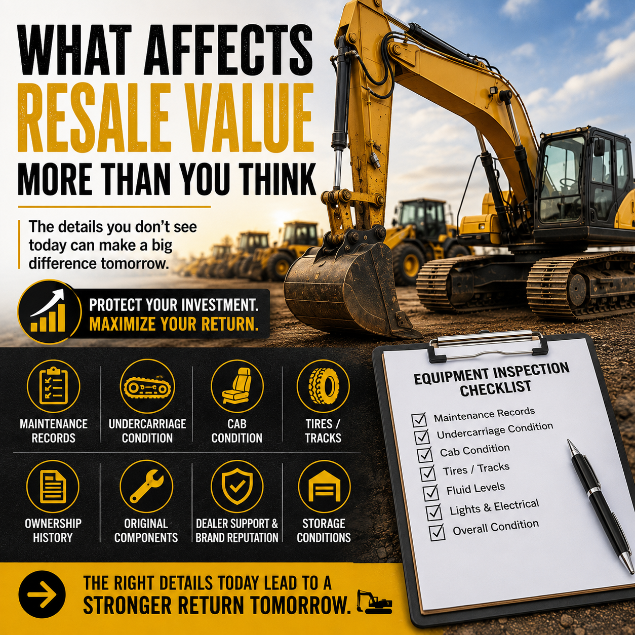 Excavator beside an inspection checklist with text "What affects resale value more than you think"
