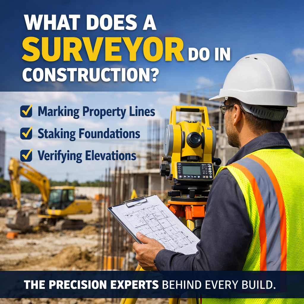 Surveyor collecting site measurements with surveying equipment and text "What Does a Surveyor Do in Construction?"