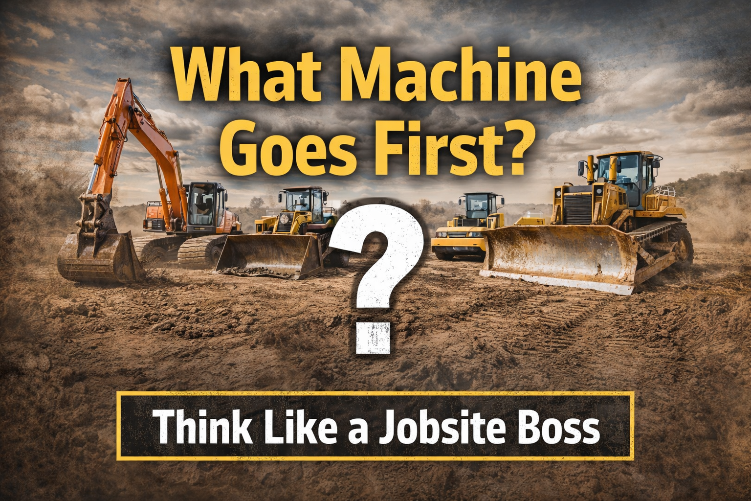 Row of heavy equipment on a jobsite with text "What Machine Goes First?"