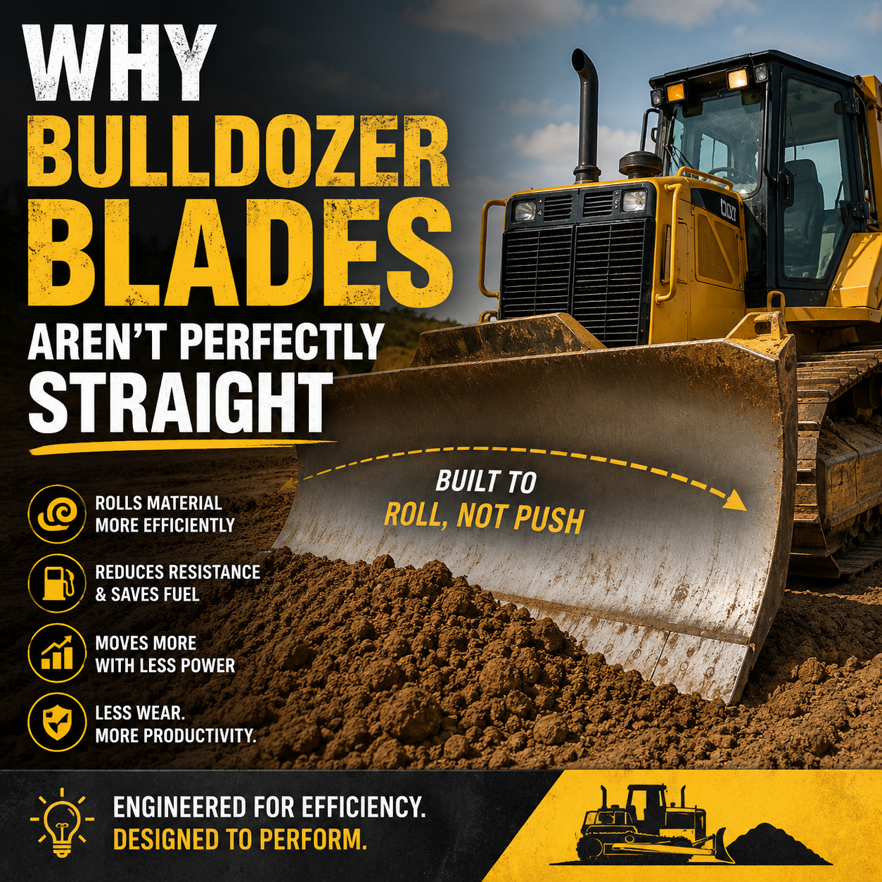 Bulldozer blade moving material at a construction site with text "Why bulldozer blades aren't perfectly straight"