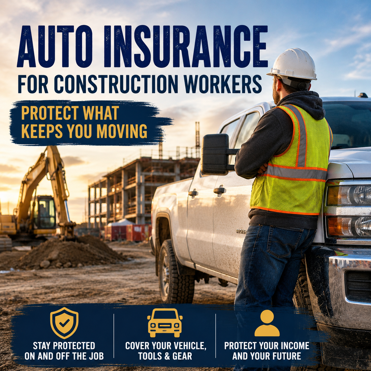 Construction worker leaning against a pickup truck at a jobsite with text "Auto insurance for construction workers"