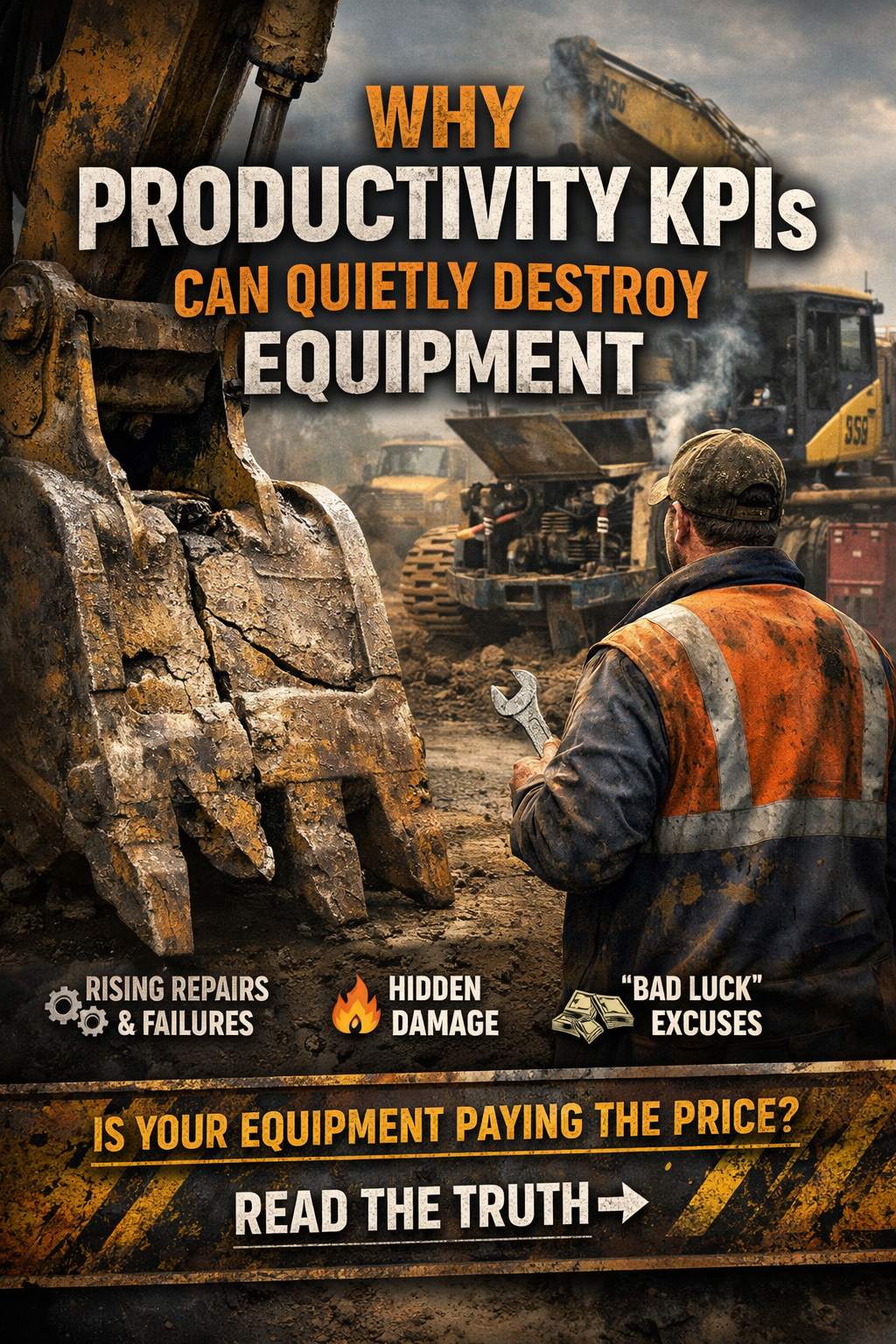 Construction site with heavy equipment and a worker with text "Why Productivity KPIs Can Quietly Destroy Equipment"