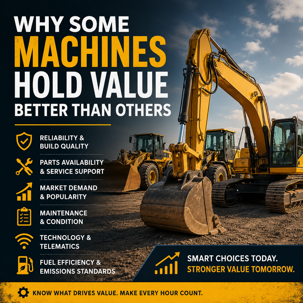 Heavy equipment lined up with text "Why some machines hold value better than others"