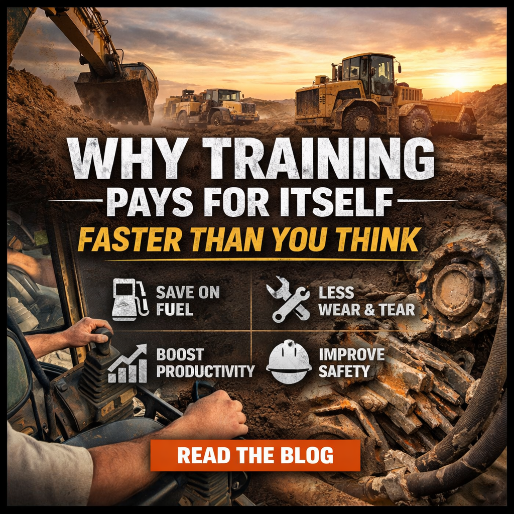 Operator driving equipment with excavator and trucks nearby, with text "Why training pays for itself faster than you think"