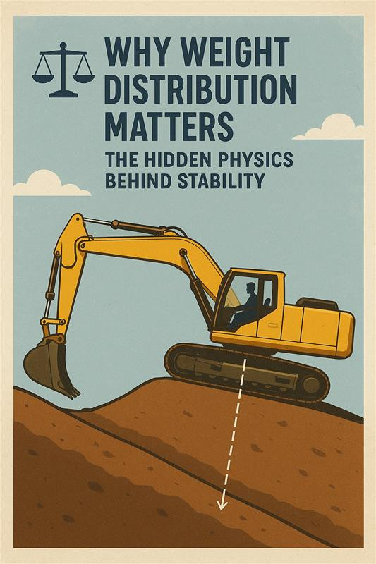 Illustration of excavator on slope with text: "Why weight distribution matters - the hidden physics behind stability."