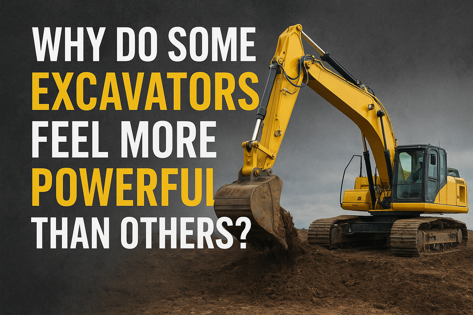 Excavator digging in dirt with white and yellow text: "Why Do Some Excavators Feel More Powerful Than Others?"