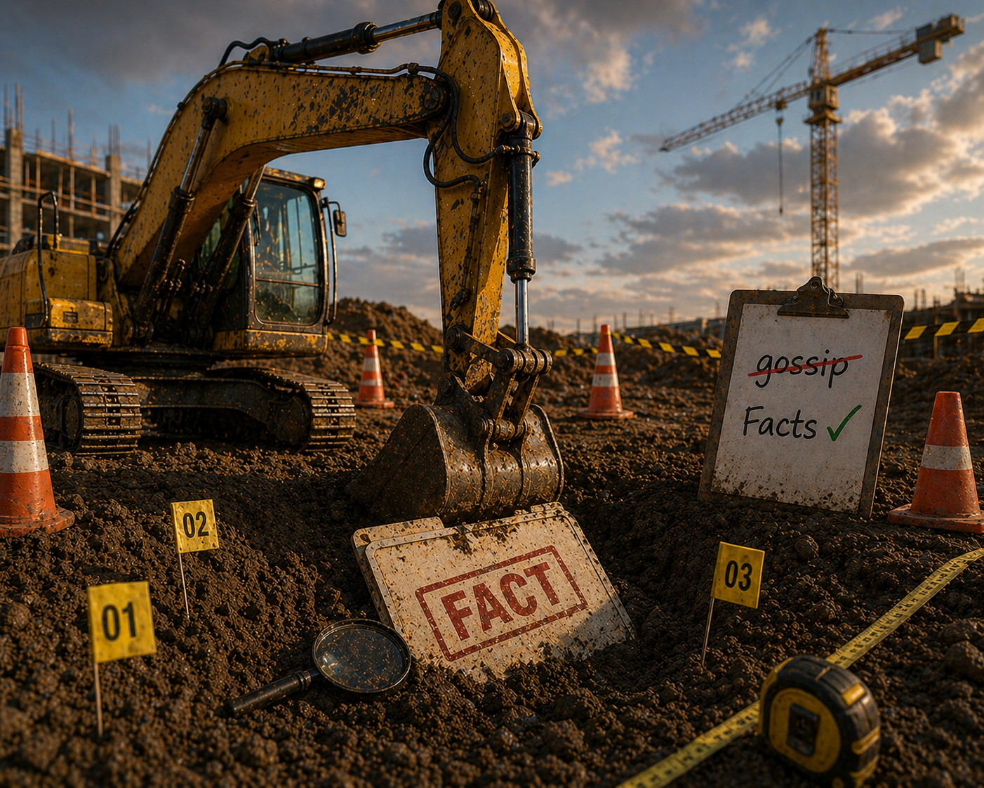 Excavator digging through muddy construction site beside evidence markers and signs with the text "Facts" and "Gossip"