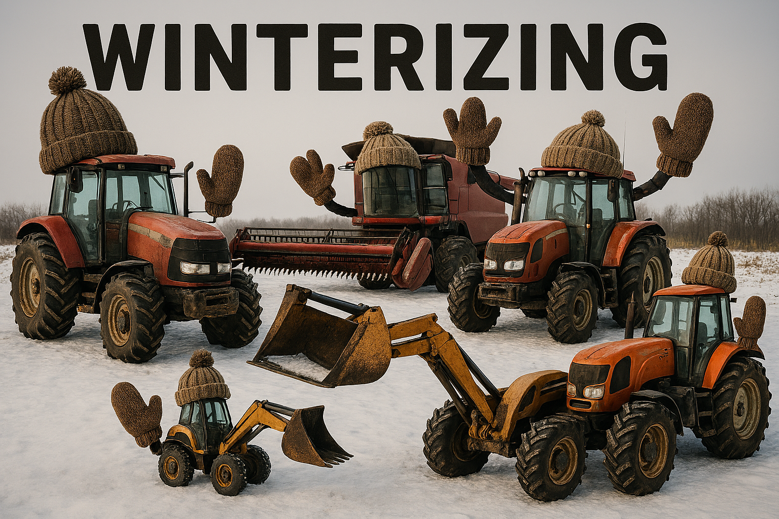 Silly looking illustration of heavy equipment wearing toques and mittens with text that says, "Winterizing."