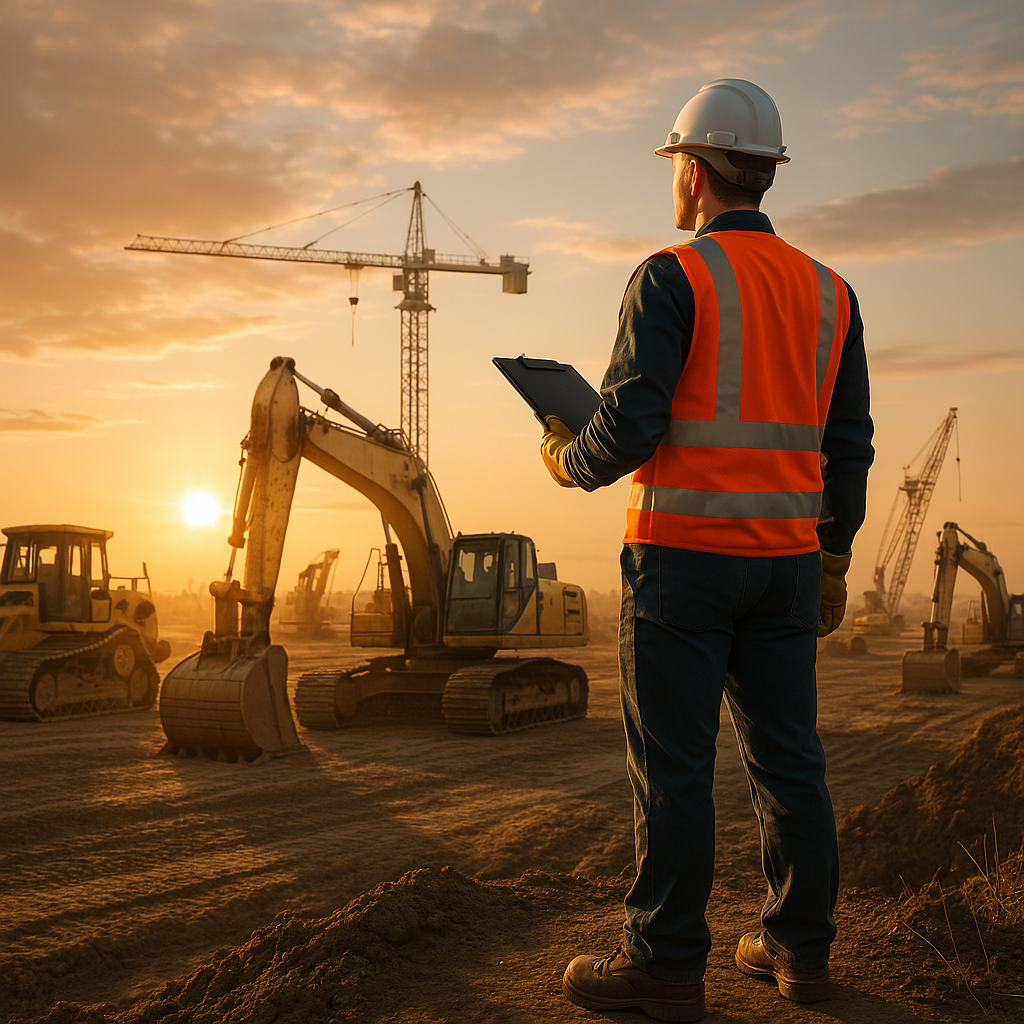 Man in safety gear standing off to the side of a construction site at sunset looking at various pieces of equipment.