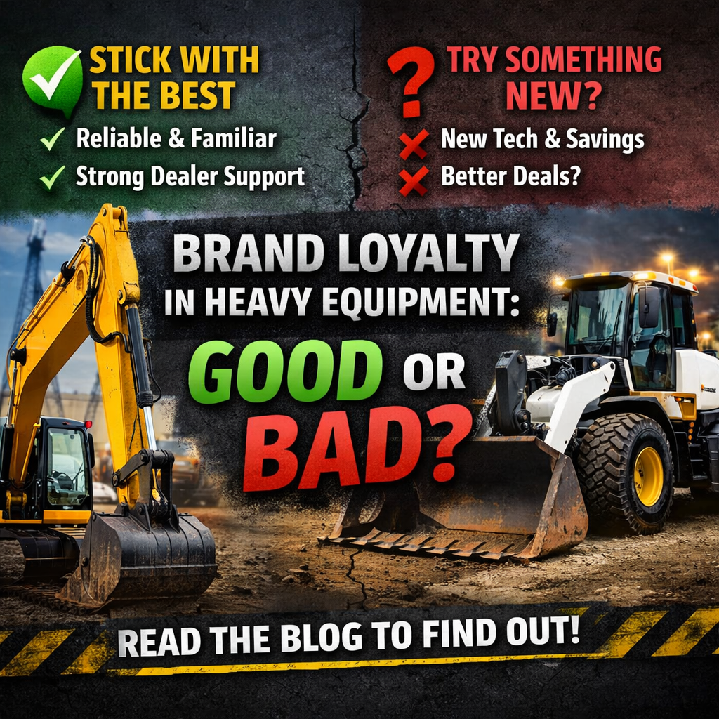 Excavator and wheel loader showing pros and cons of brand loyalty vs trying new with text "Brand Loyalty In Heavy Equipment."