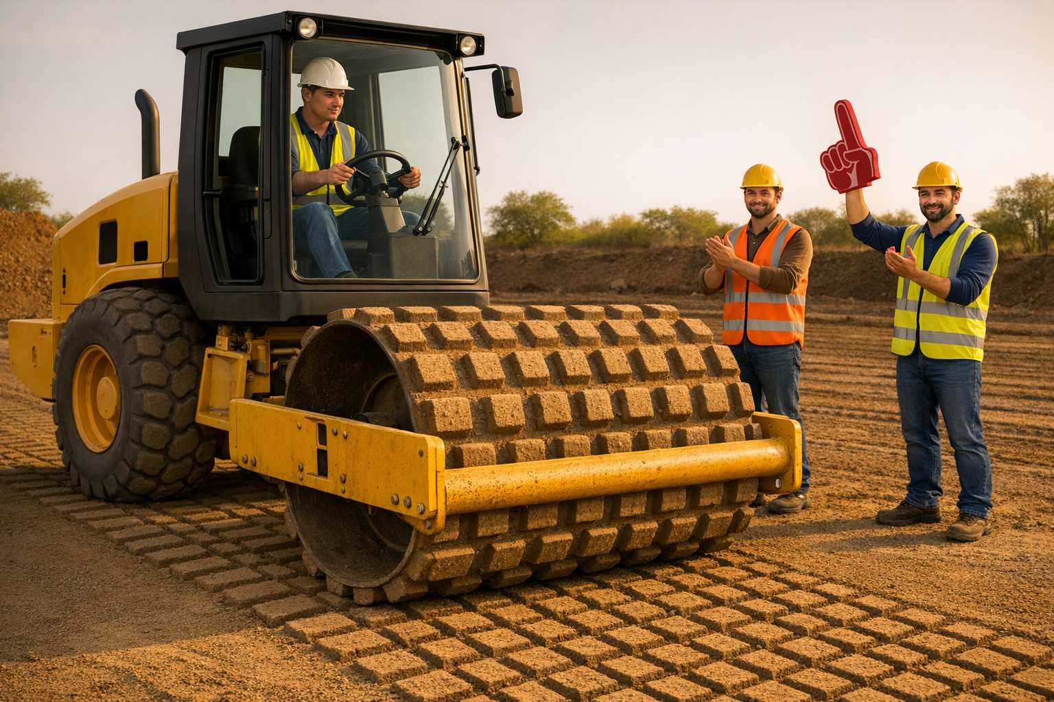Heavy equipment operator drives a compactor as two workers applaud, one holding a foam finger.