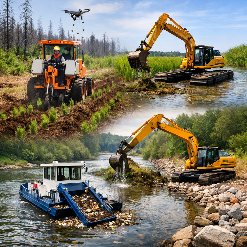 Wetlands collage showing excavator dredging and debris removal by boat, plus tractor planting and aerial seeding.