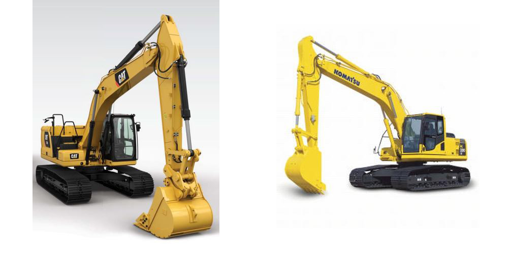 Two excavators next to each other one is a Cat 320 the other a Komatsu PC200 on a white background.
