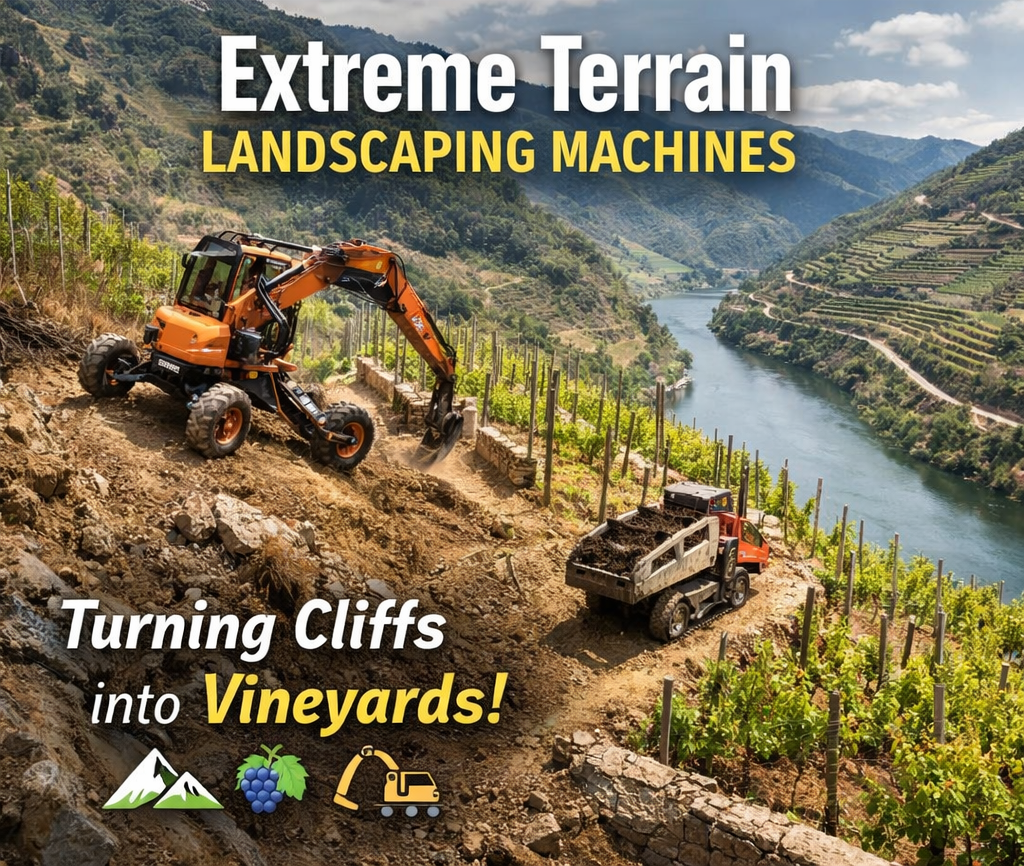 Excavator and truck on vineyard hillside with text "extreme terrain landscaping machines turning cliffs into vineyards!"