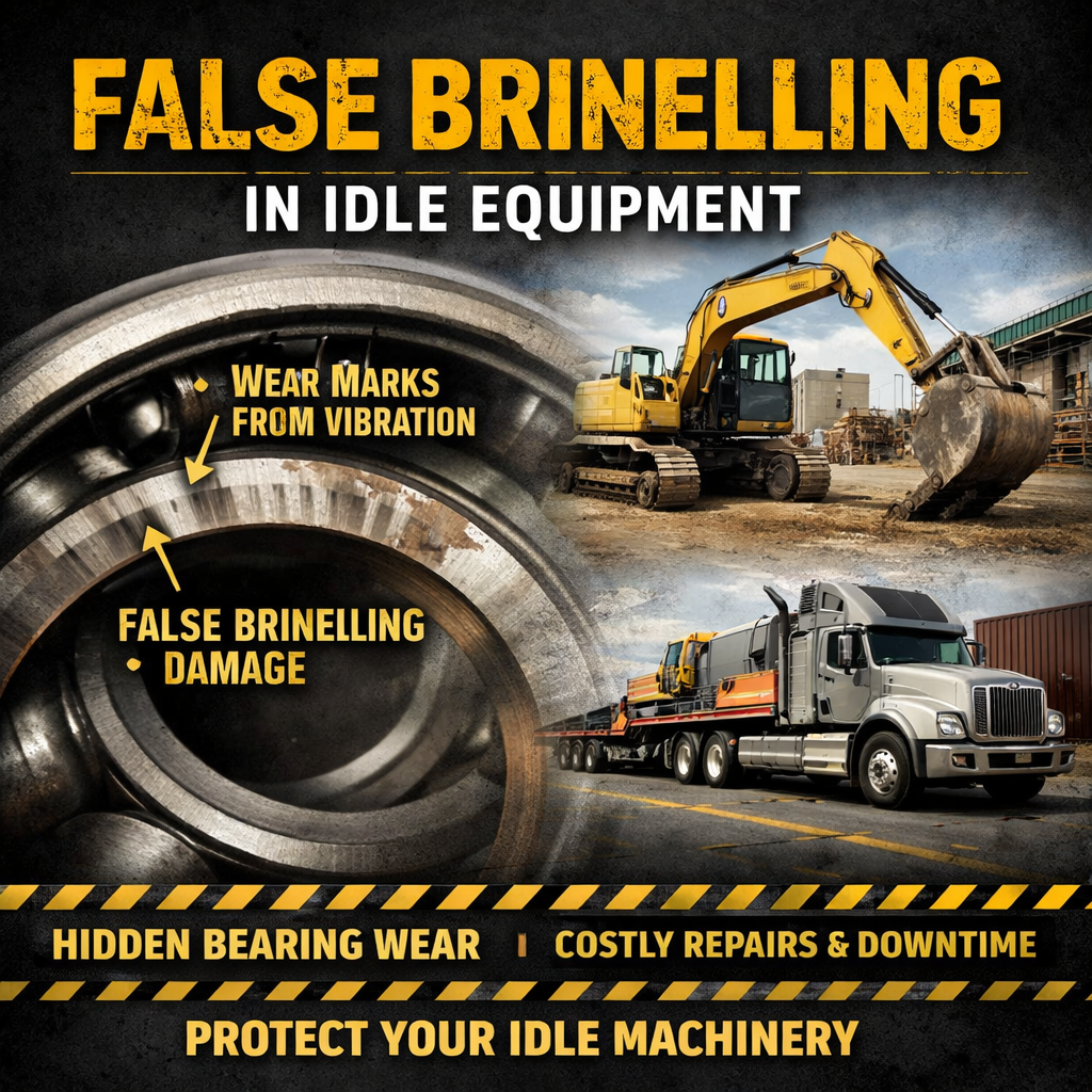 Close-up of bearing damage and heavy equipment with text "False Brinelling in idle equipment protect your idle machinery."