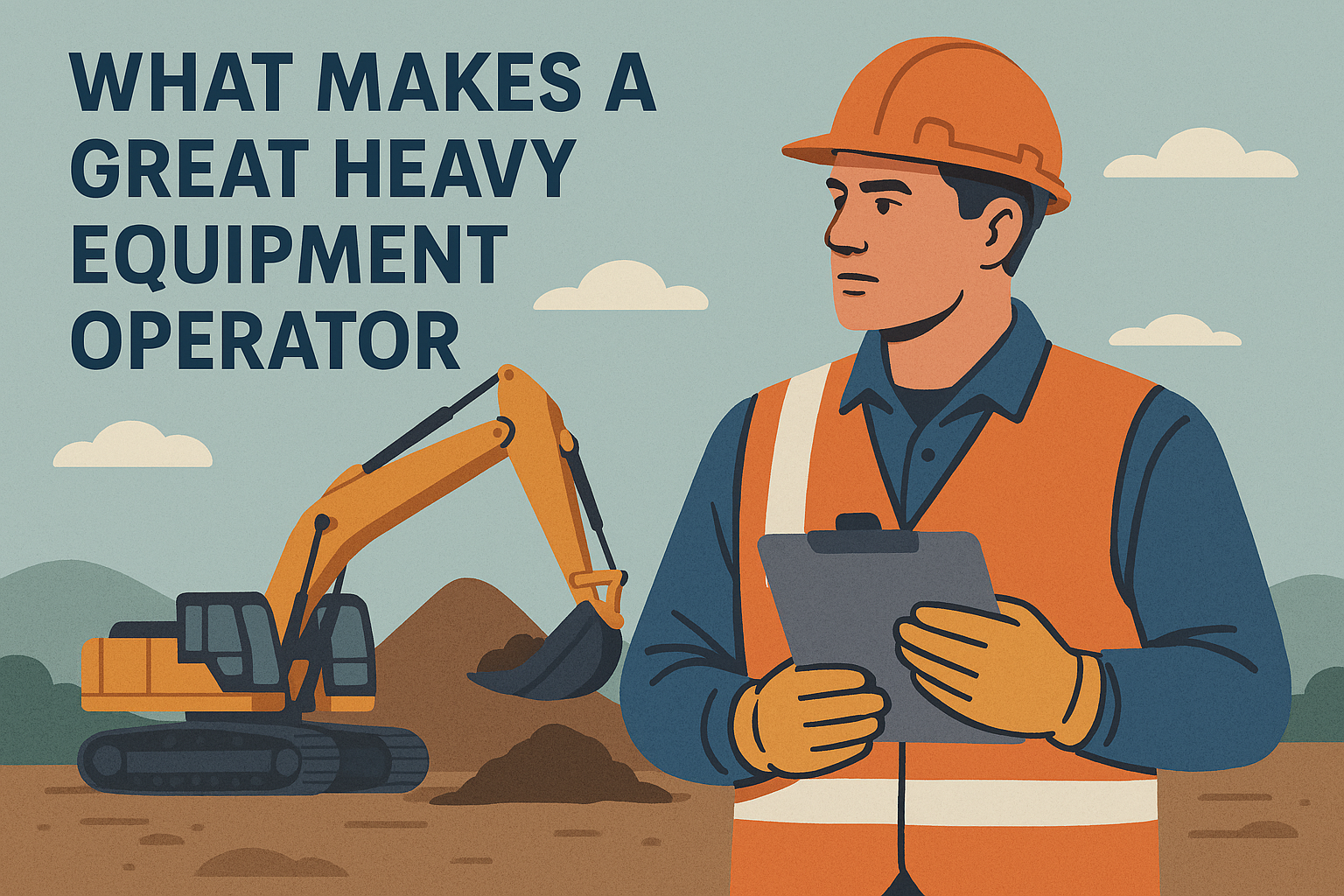Illustration of a construction worker holding a clip board with the text "What Makes A Great Heavy Equipment Operator."