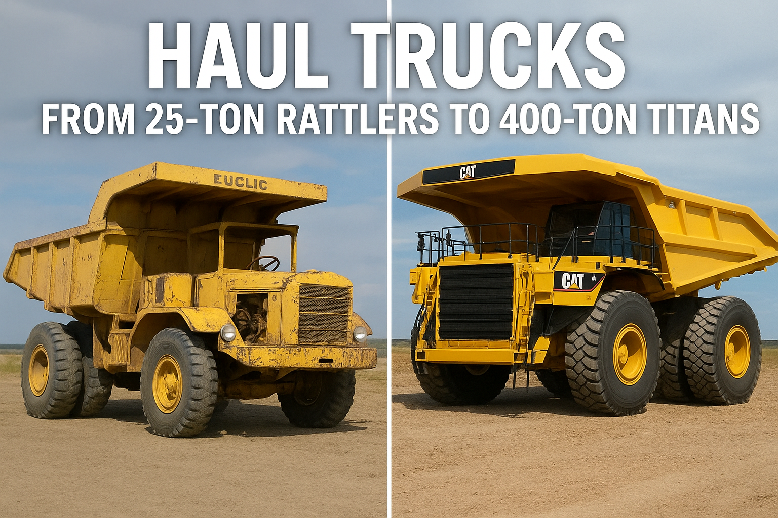 A split image of two haul trucks, one 25 ton rattler and one 400 ton titan.